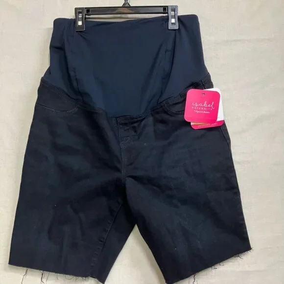 Isabel Maternity Women's 12 Black Crossover Panel Bermuda Jean Shorts Over Belly - Picture 4 of 14